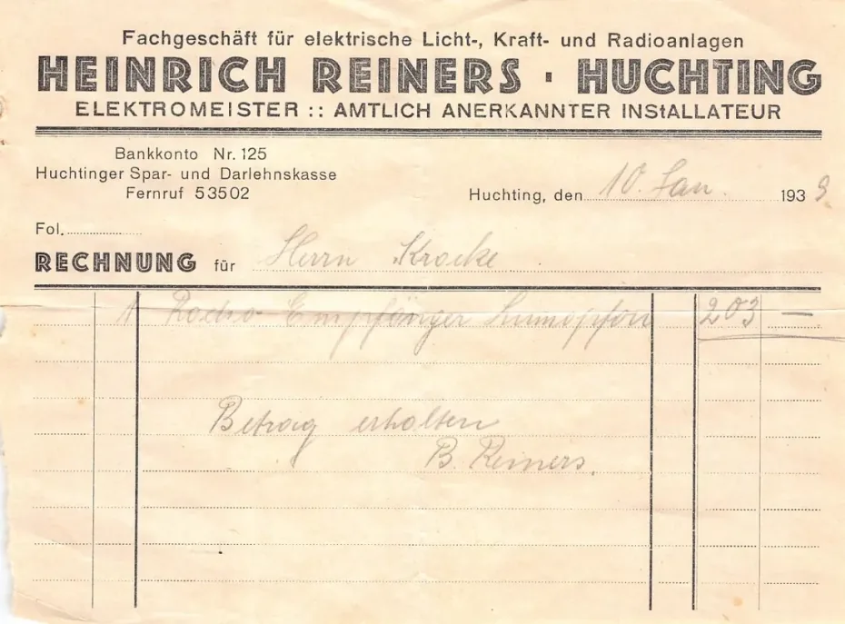 Rechnung von Heinrich Reiners, Huchting, vom 10. Januar 1939